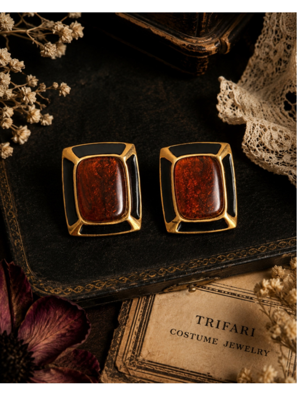 Vintage Trifari Faux Amber & Black Enamel Gold Tone Rectangle Stud Earrings